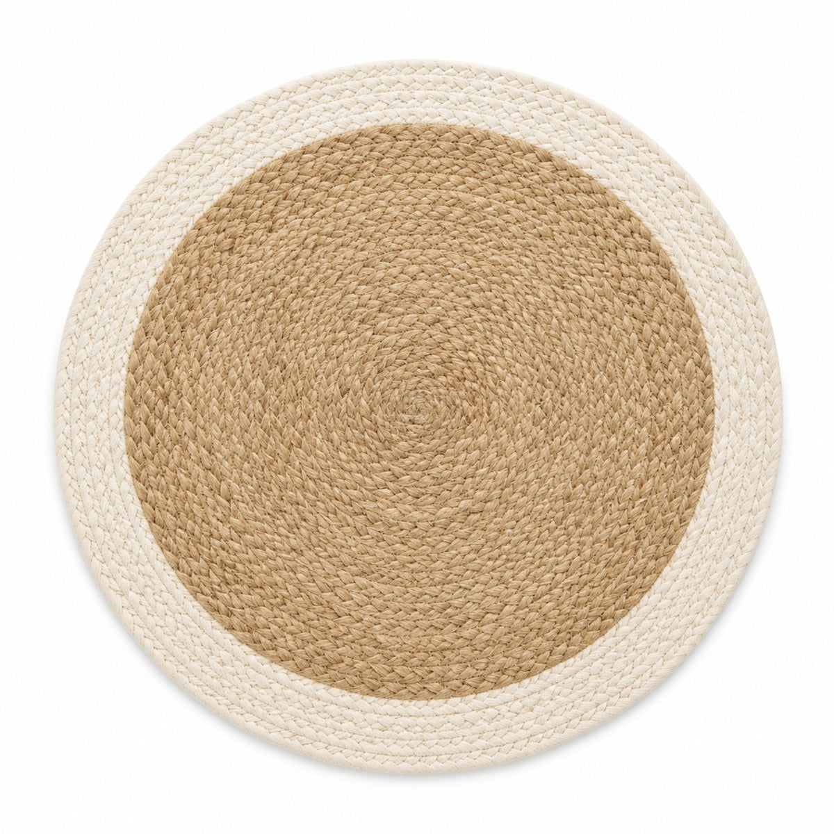 Round natural jute placemat with wide ivory braided border, handcrafted circular dining table mat by Primeval
