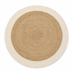Round natural jute placemat with wide ivory braided border, handcrafted circular dining table mat by Primeval