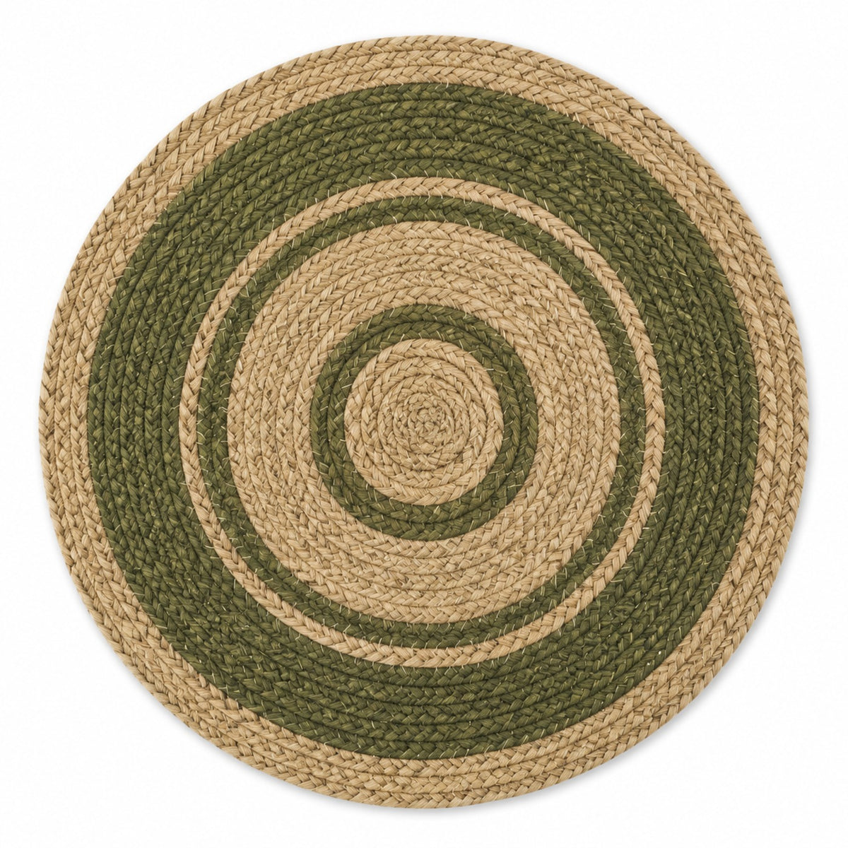 Round natural jute placemat with olive green concentric braided rings, rustic modern circular dining table mat by Primeval