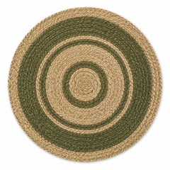 Round natural jute placemat with olive green concentric braided rings, rustic modern circular dining table mat by Primeval