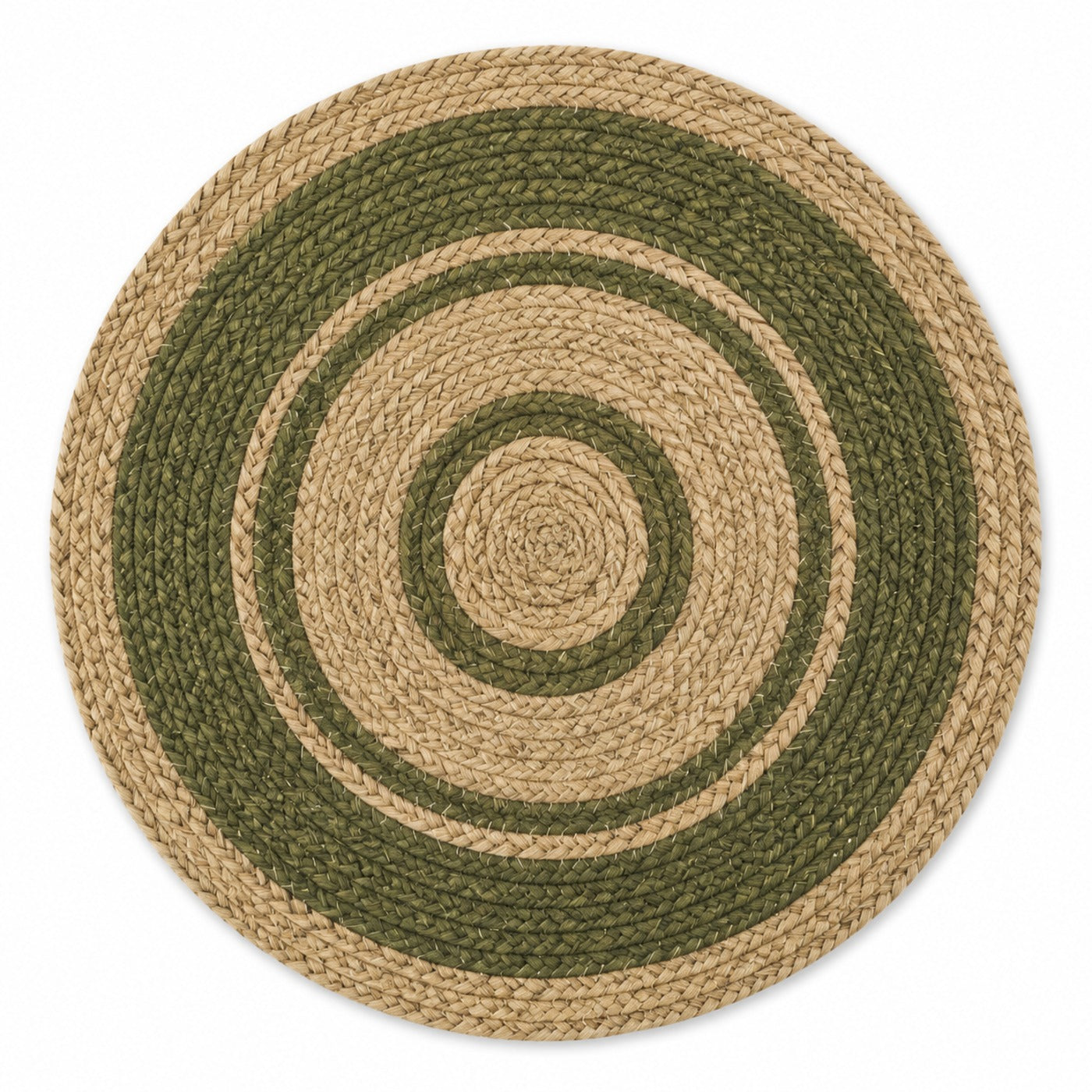 Round natural jute placemat with olive green concentric braided rings, rustic modern circular dining table mat by Primeval
