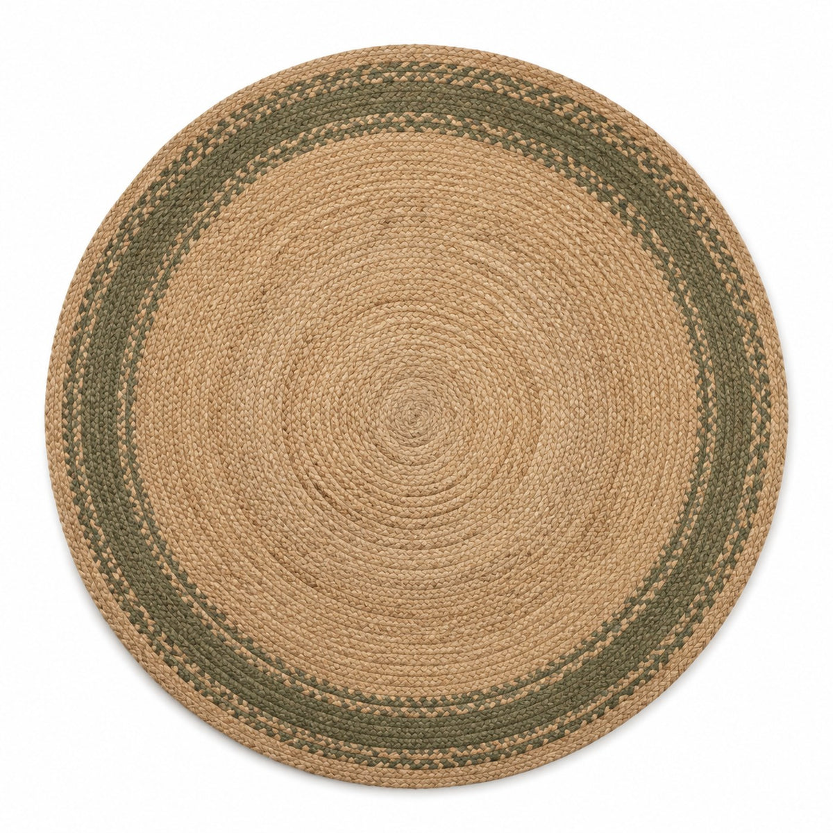 Sand toned round jute rug with olive border for wholesale home furnishing buyers