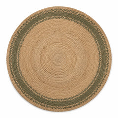 Sand toned round jute rug with olive border for wholesale home furnishing buyers