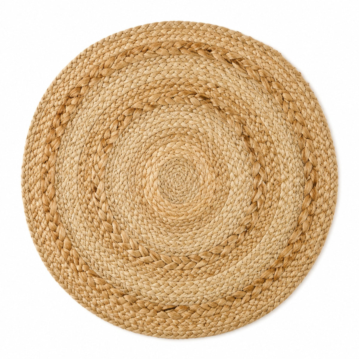 Round textured braided jute placemat with layered concentric weave in natural tan by Primeval