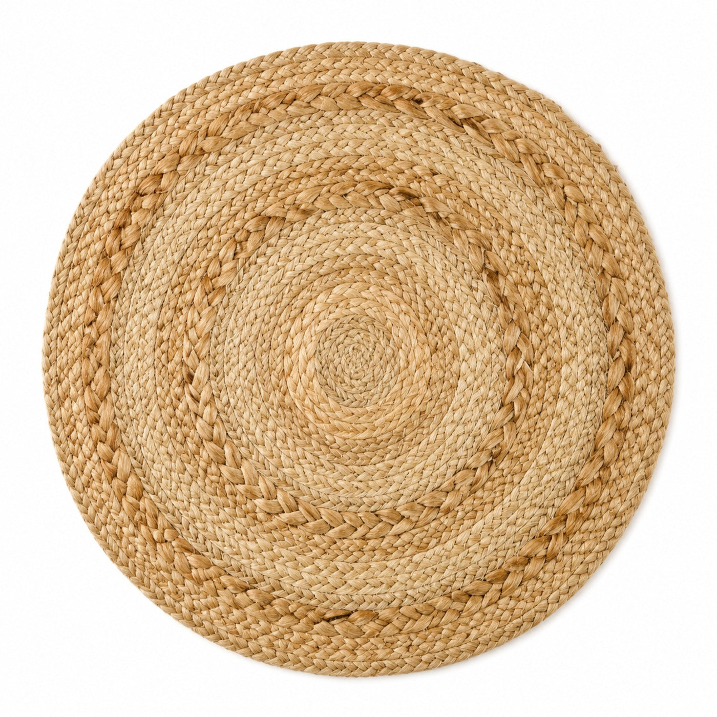 Round textured braided jute placemat with layered concentric weave in natural tan by Primeval