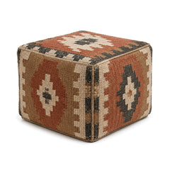 Rust, Beige & Black Tribal Kilim-Style Cube Pouf by Primeval on white background