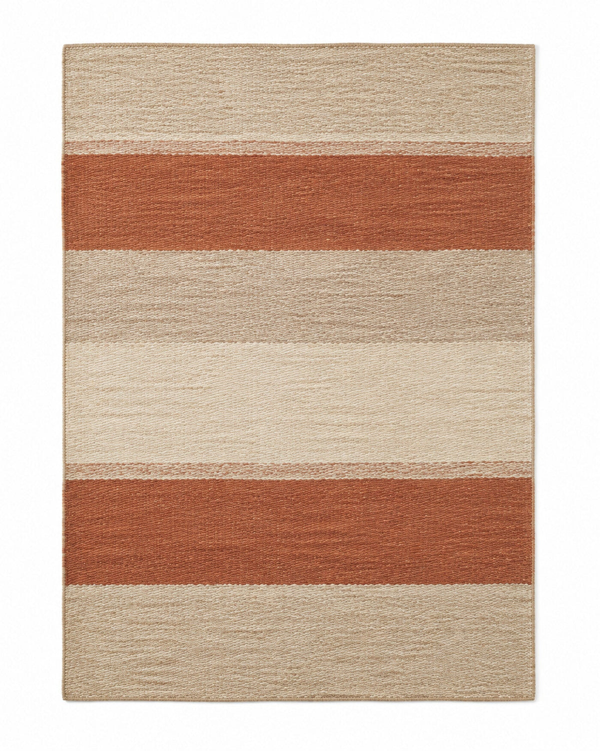 Rust and beige broad horizontal stripe area rug for wholesale sourcing from India