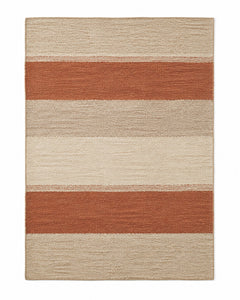 Rust and beige broad horizontal stripe area rug for wholesale sourcing from India