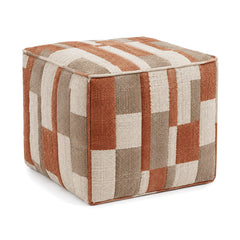 Rust, Beige & Ivory Patchwork Woven Cube Pouf by Primeval on white background