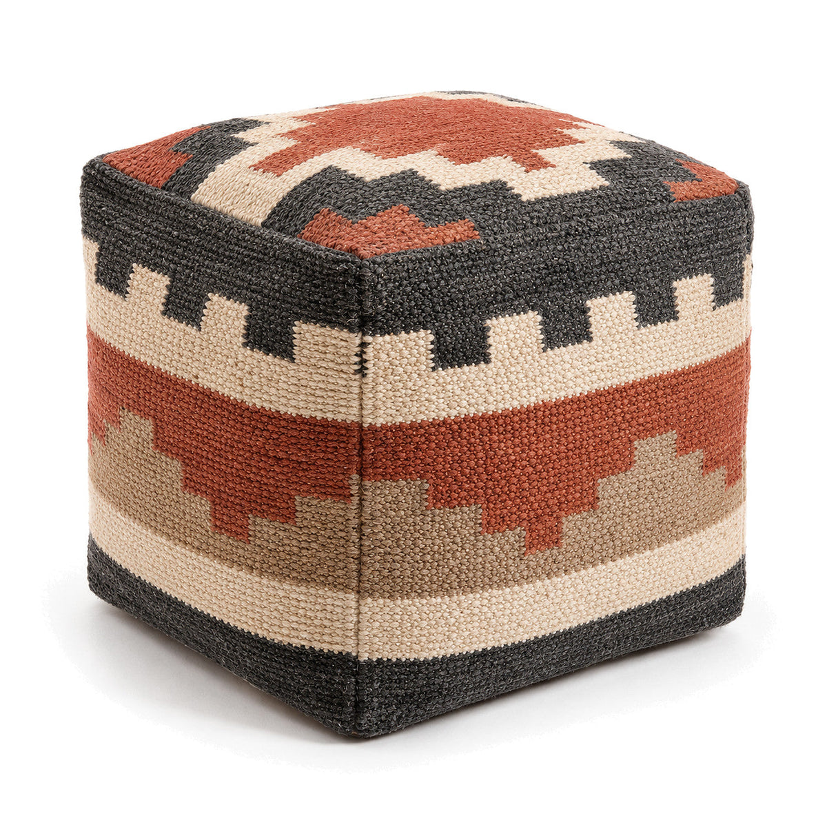 Rust, Black & Ivory Bohemian Geometric Woven Cube Pouf by Primeval on white background