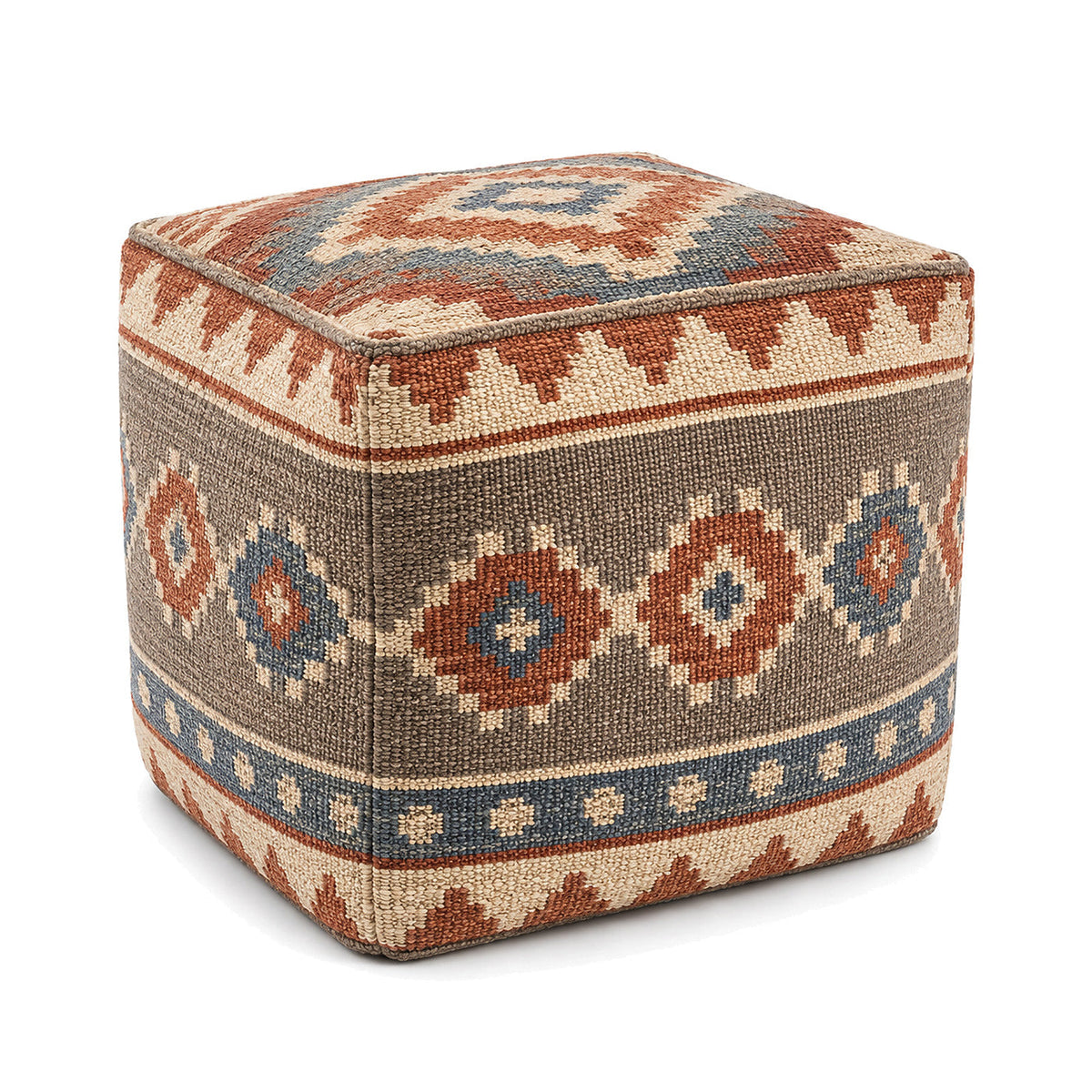 Rust, Blue & Beige Southwestern Woven Cube Pouf Ottoman by Primeval on white background