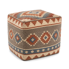 Rust, Blue & Beige Southwestern Woven Cube Pouf Ottoman by Primeval on white background