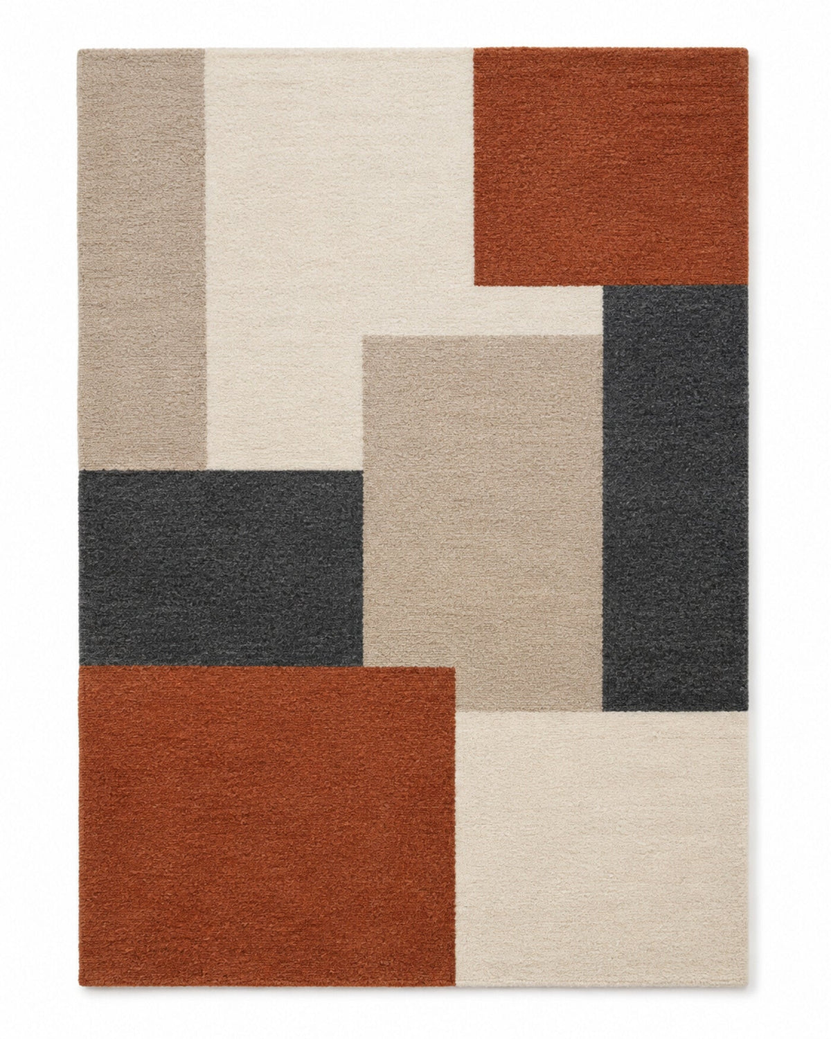 Rust, charcoal, beige and ivory color-block area rug for wholesale sourcing from India