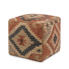 Rust, Charcoal & Beige Kilim-Style Cube Pouf by Primeval on white background