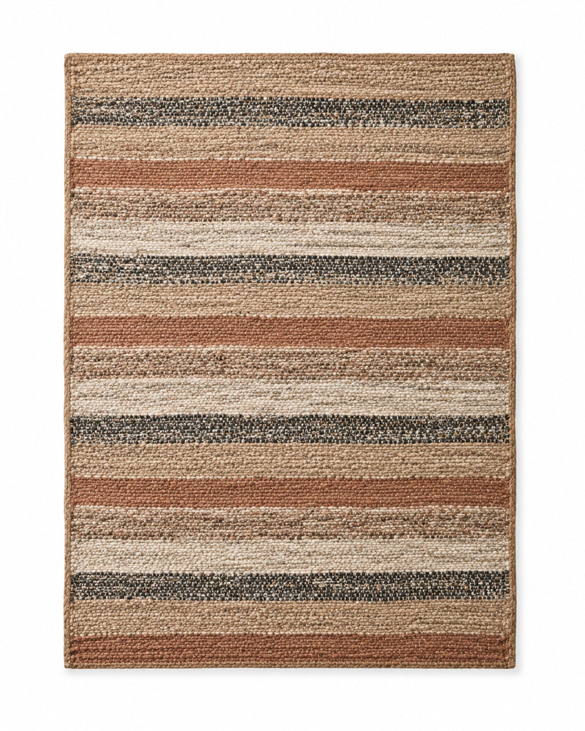Rust, charcoal, beige and ivory multi-stripe area rug for wholesale sourcing from India
