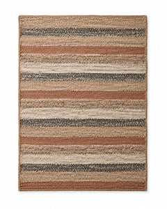 Rust, charcoal, beige and ivory multi-stripe area rug for wholesale sourcing from India