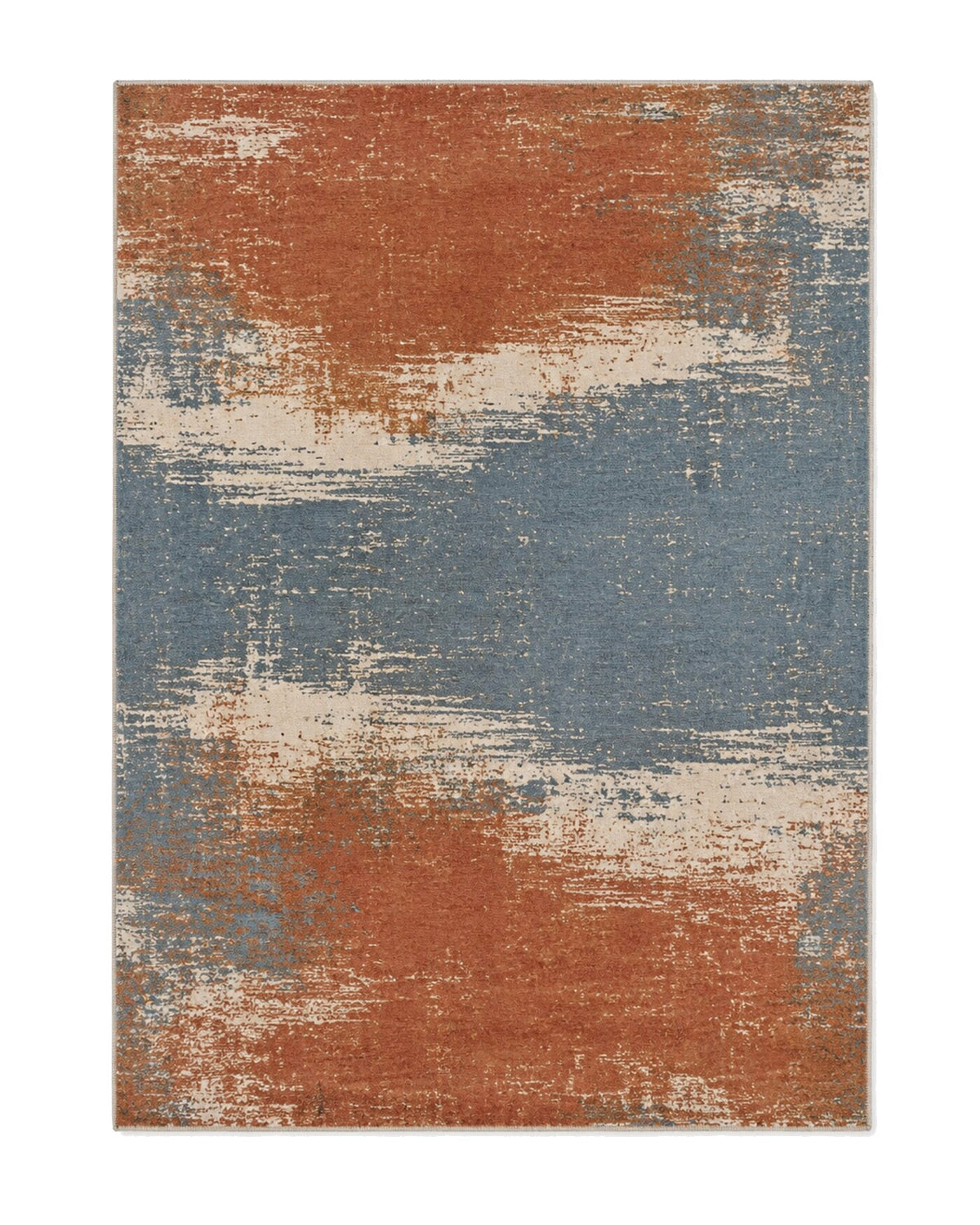 Rust and dusty blue distressed modern area rug for wholesale sourcing from India