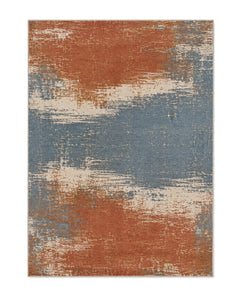 Rust and dusty blue distressed modern area rug for wholesale sourcing from India