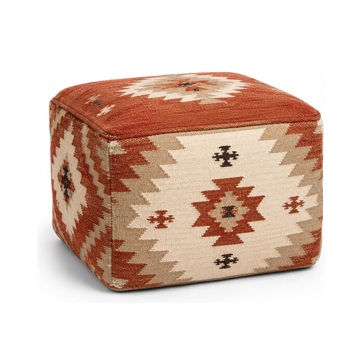 Rust, Ivory & Beige Tribal Kilim Cube Pouf Ottoman on white background
