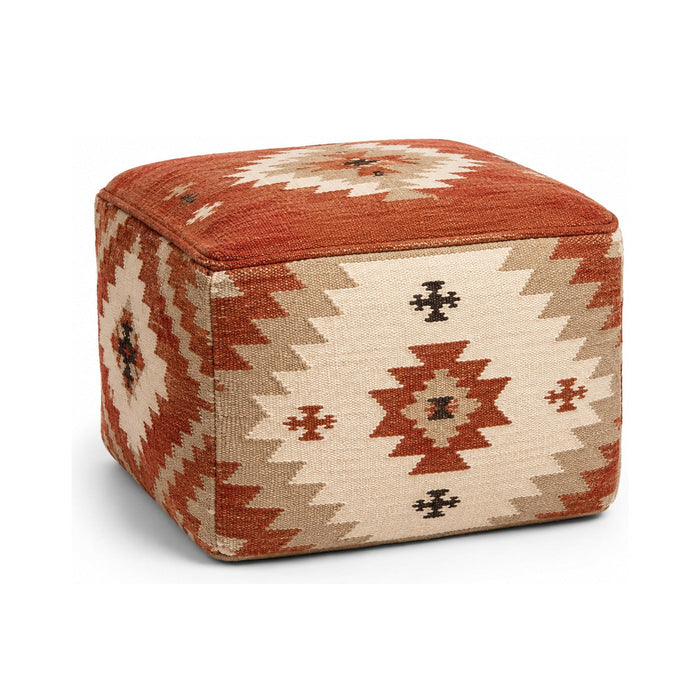 Rust, Ivory & Beige Tribal Kilim Cube Pouf Ottoman on white background