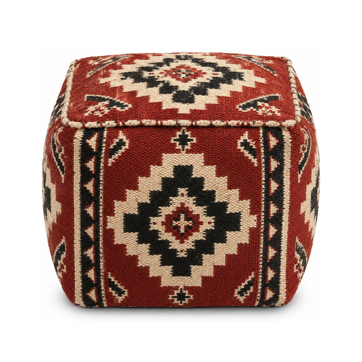 Rust, Ivory & Black Tribal Kilim Cube Pouf Ottoman on white background