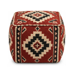 Rust, Ivory & Black Tribal Kilim Cube Pouf Ottoman on white background