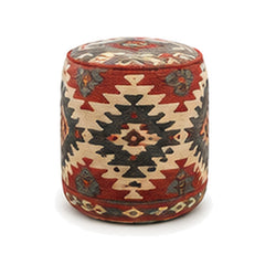 Rust ivory and charcoal bold geometric wool kilim cylinder pouf ottoman on white background
