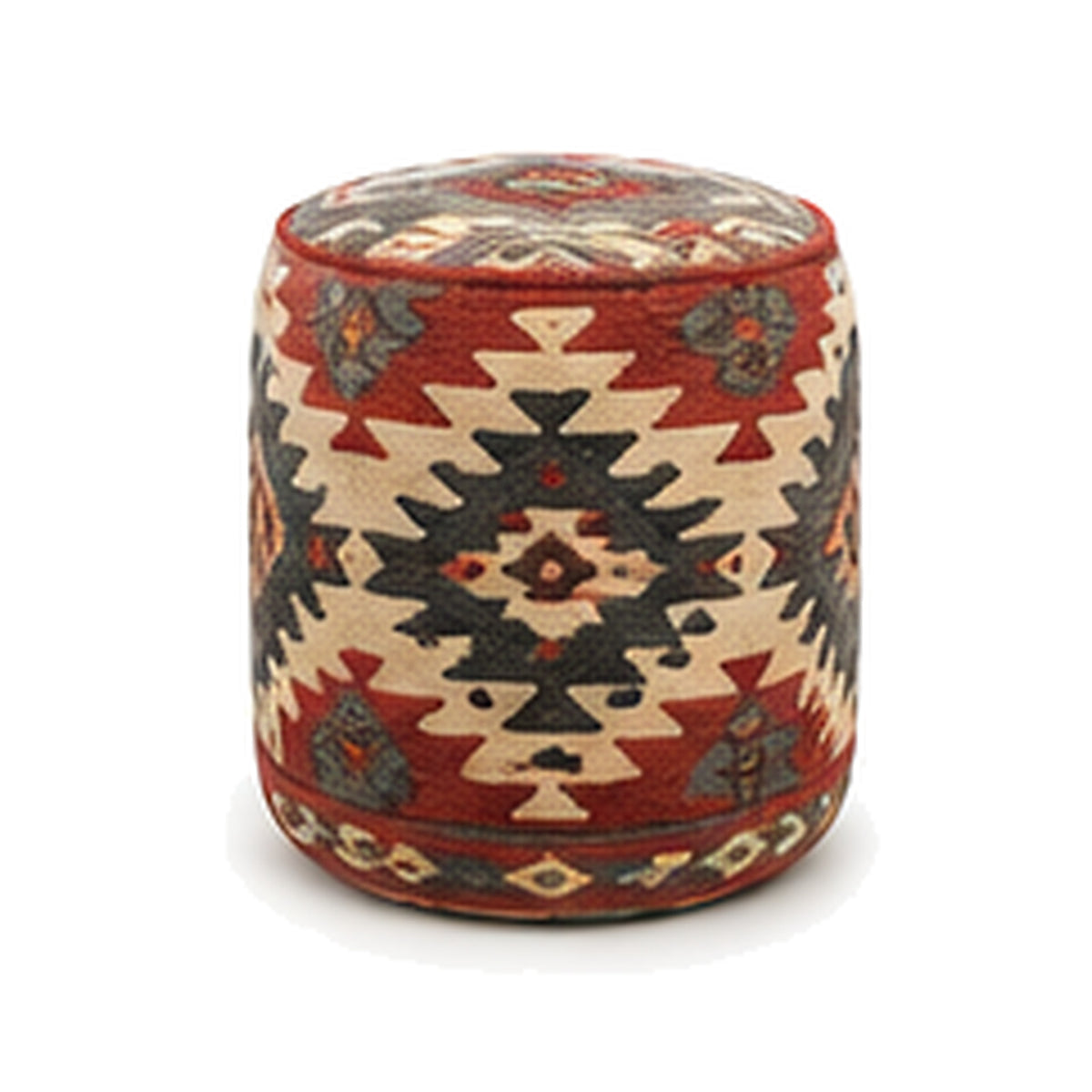 Rust ivory and charcoal bold geometric wool kilim cylinder pouf ottoman on white background