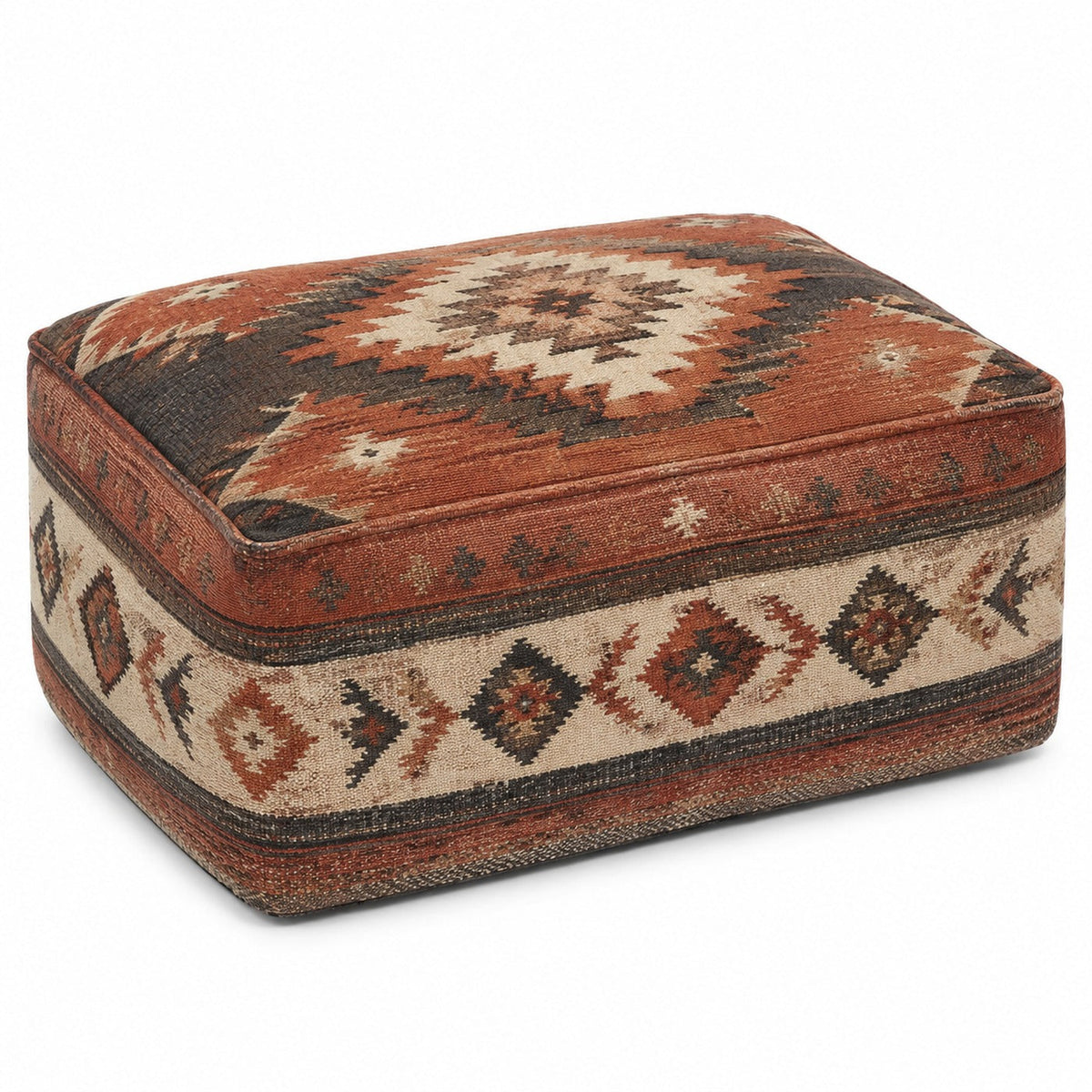 Rust, Ivory & Charcoal Wool Kilim Rectangular Pouf Ottoman on white background