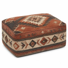 Rust, Ivory & Charcoal Wool Kilim Rectangular Pouf Ottoman on white background