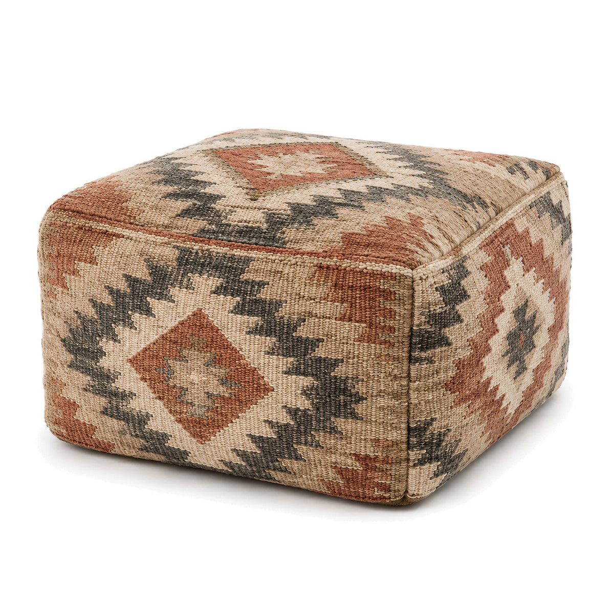 Rust, Ivory & Taupe Kilim-Style Rectangular Pouf by Primeval on white background