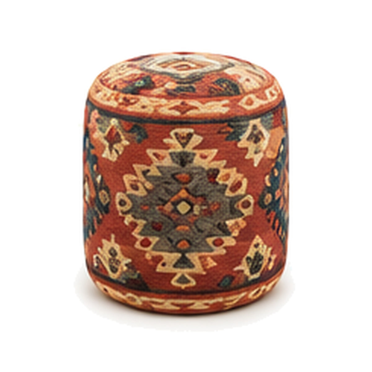 Rust multicolor medallion wool kilim cylinder pouf ottoman on white background
