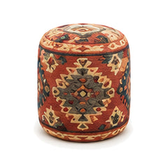 Rust multicolor medallion wool kilim cylinder pouf ottoman on white background