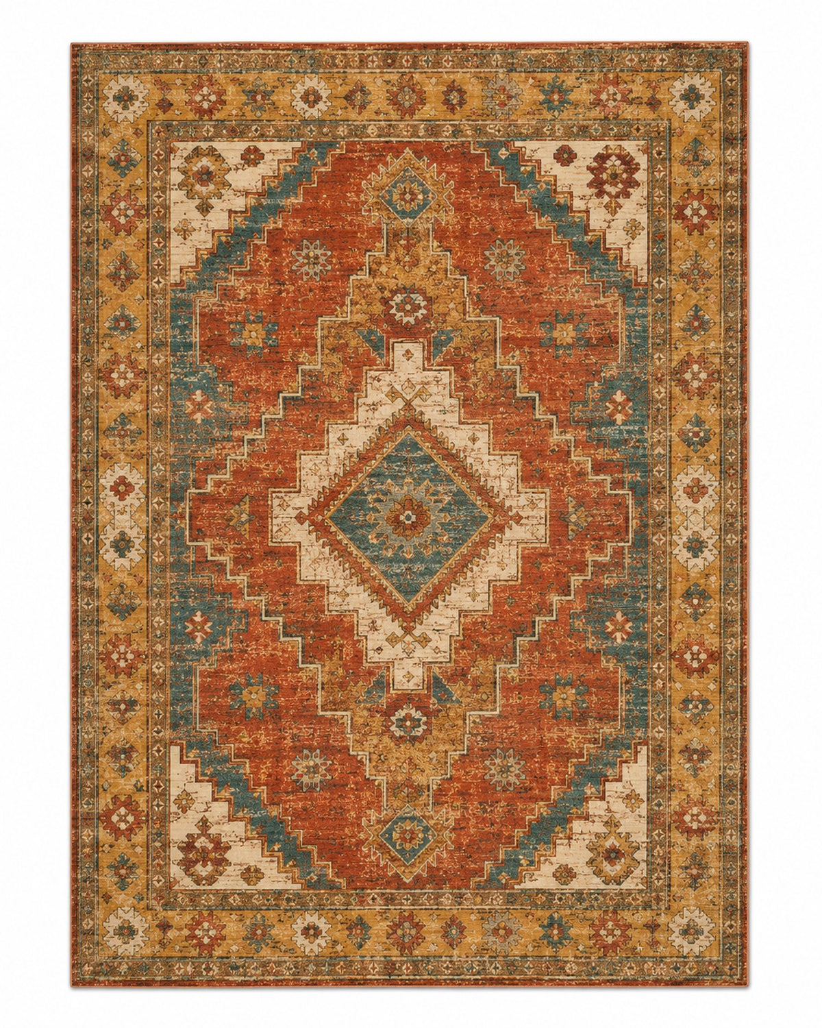 Rust, mustard and teal global geometric area rug with weathered stepped motifs for wholesale sourcing from India