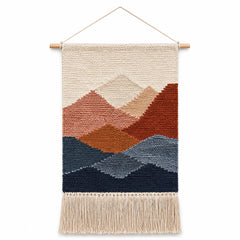 Rust navy and blush mountain landscape woven wall hanging by Primeval