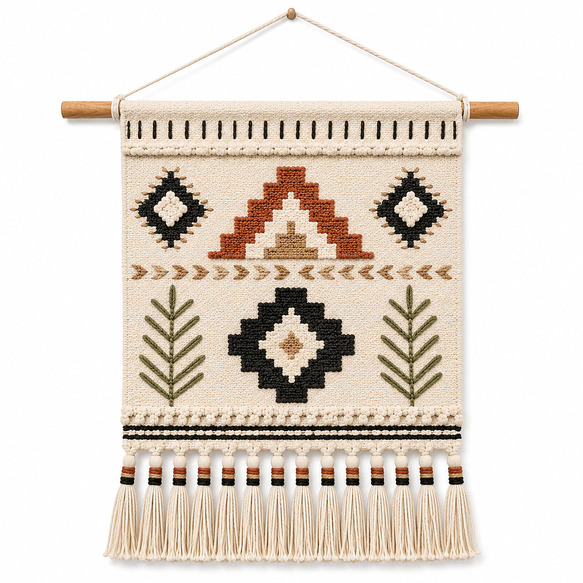 Rust olive and black tribal geometric cotton woven wall hanging by Primeval