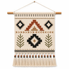 Rust olive and black tribal geometric cotton woven wall hanging by Primeval