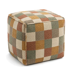 Rust, Sage & Beige Checkerboard Patchwork Cube Pouf by Primeval on white background