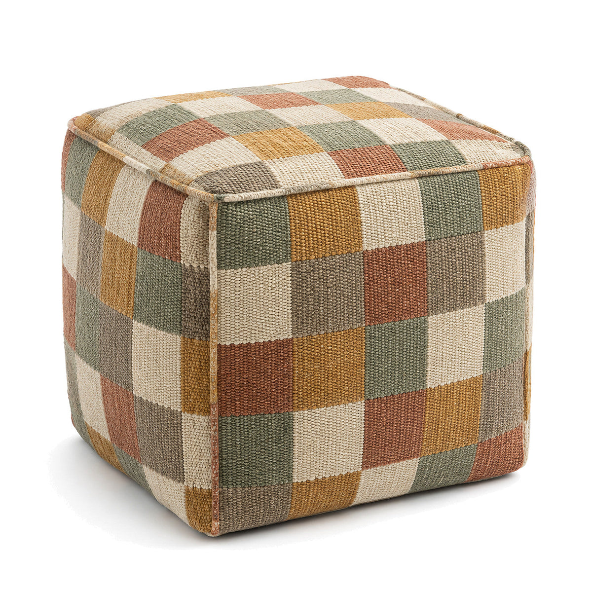 Rust, Sage & Beige Checkerboard Patchwork Cube Pouf by Primeval on white background