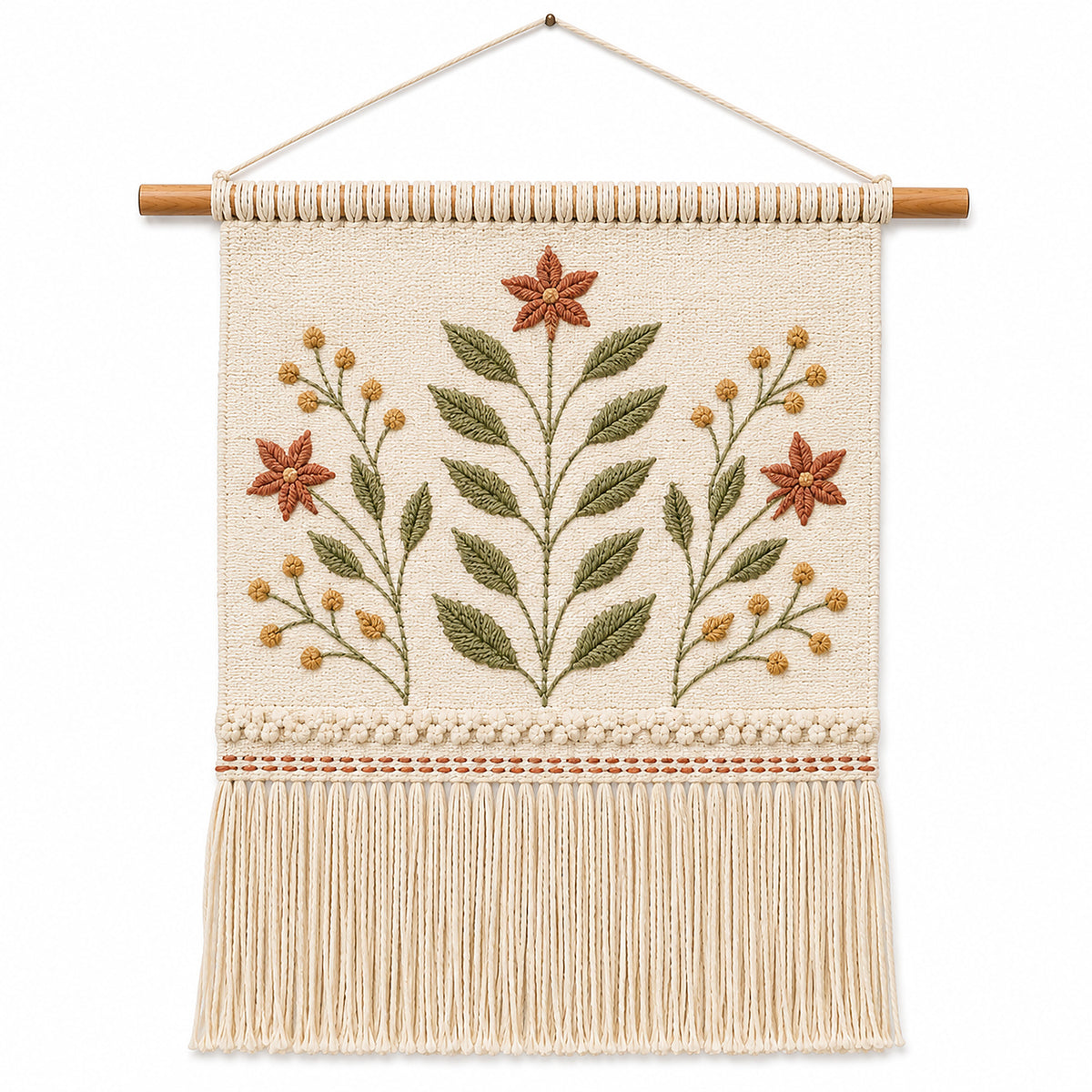 Rust and sage floral embroidered cotton wall hanging with fringe by Primeval