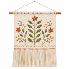 Rust and sage floral embroidered cotton wall hanging with fringe by Primeval