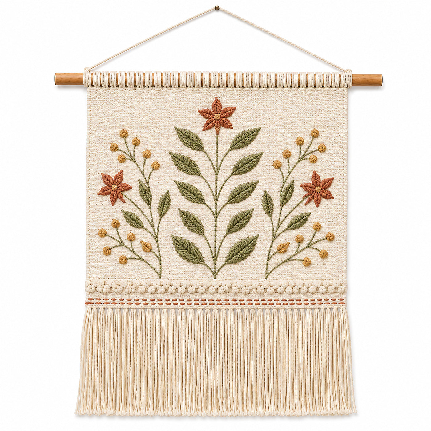Rust and sage floral embroidered cotton wall hanging with fringe by Primeval