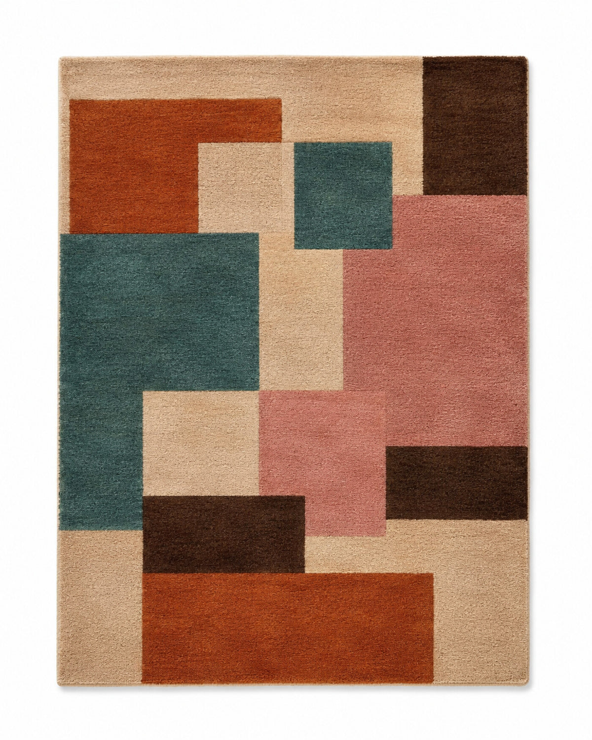 Beige area rug with rust, teal, pink and brown geometric colour blocks in a modern abstract layout