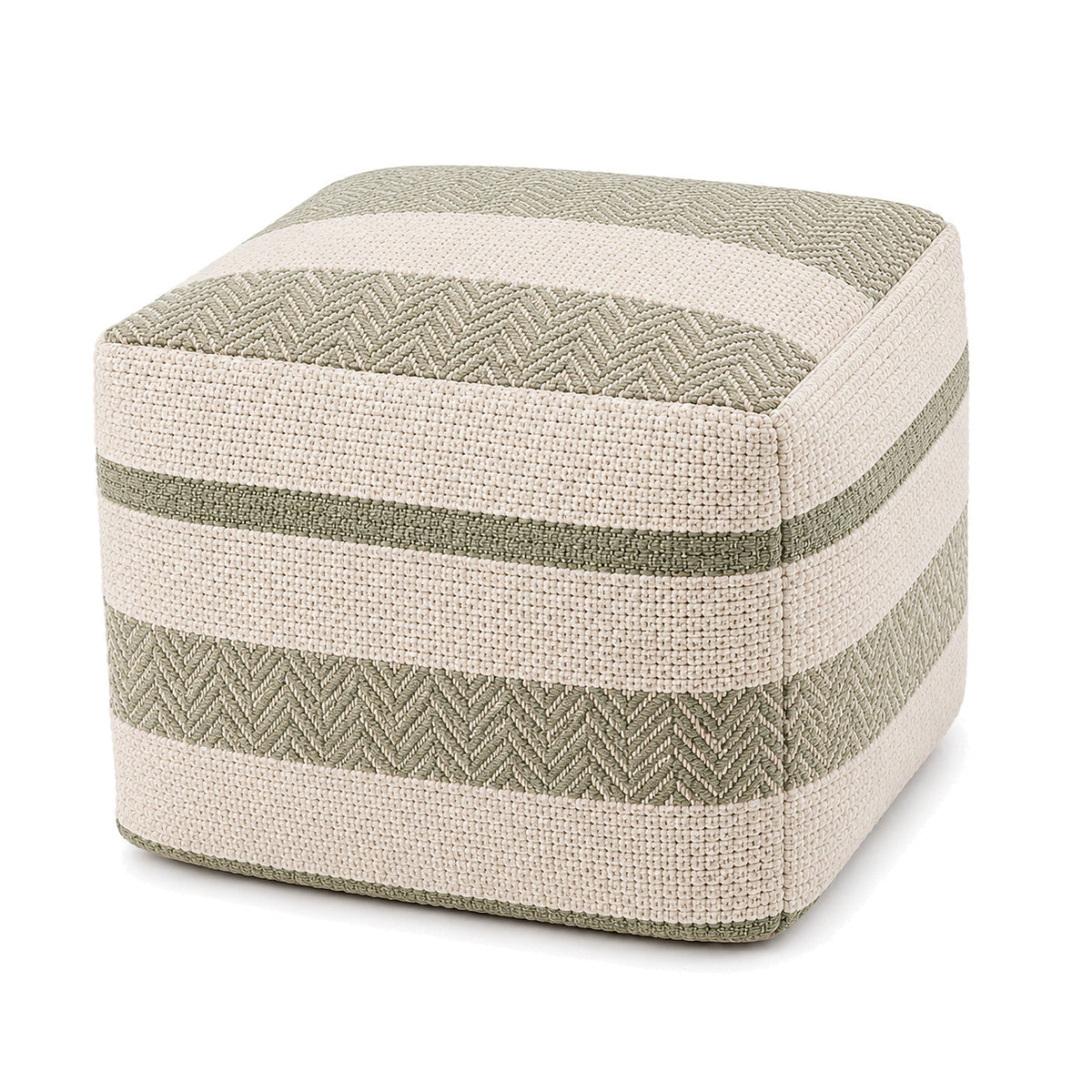 Sage & Cream Geometric Stripe Woven Cube Pouf by Primeval on white background