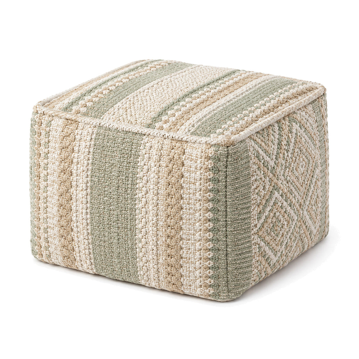 Sage, Beige & Ivory Stripe Woven Cube Pouf Ottoman by Primeval on white background