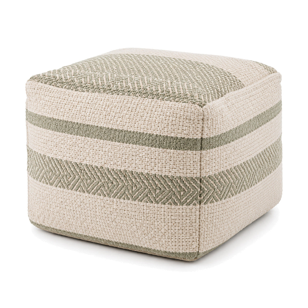 Sage, Cream & Beige Double-Stripe Woven Cube Pouf by Primeval on white background
