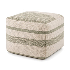 Sage, Cream & Beige Double-Stripe Woven Cube Pouf by Primeval on white background