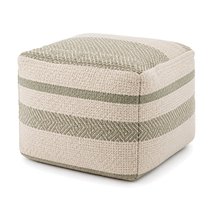 Sage, Cream & Beige Double-Stripe Woven Cube Pouf by Primeval on white background