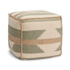 Sage, Cream & Beige Tribal Stripe Woven Cube Pouf by Primeval on white background