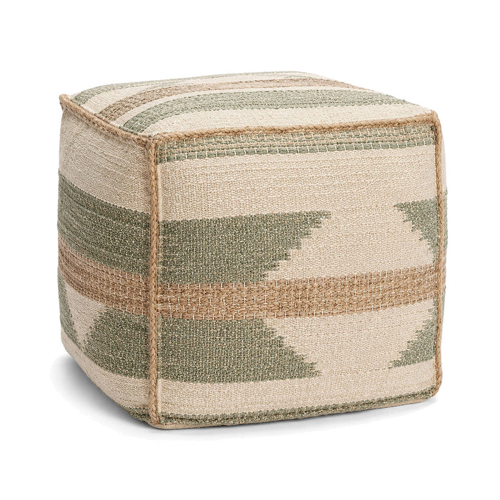 Sage, Cream & Beige Tribal Stripe Woven Cube Pouf by Primeval on white background